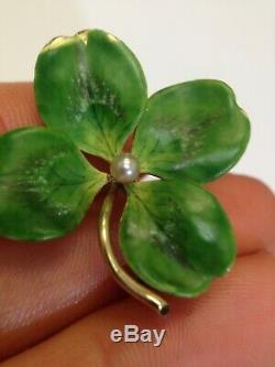 Antique Art Nouveau Kelly Green Irish 4 Leaf Clover Enamel Flower Pin