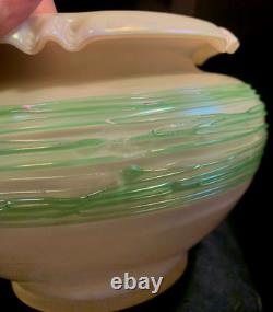 Antique Art Nouveau Kralik Opaline Iridescent Large Glass Vase Bowl Trailed