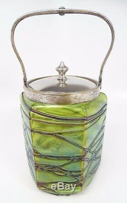 Antique Art Nouveau Kralik Veined Bohemian Green Art Glass Biscuit Jar 1900s
