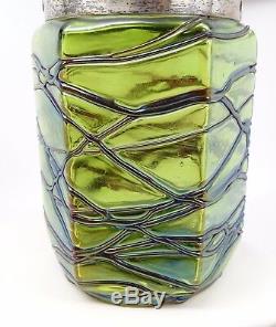 Antique Art Nouveau Kralik Veined Bohemian Green Art Glass Biscuit Jar 1900s