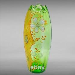 Antique Art Nouveau Legras France Enameled Art Glass Chrysanthemum Green Vase