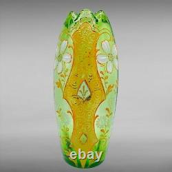 Antique Art Nouveau Legras France Enameled Art Glass Chrysanthemum Green Vase