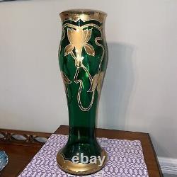 Antique Art Nouveau Legras Mont Joye Green Glass Vase Gold Floral. Elegant. #e5