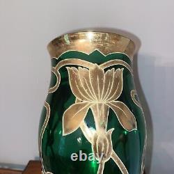 Antique Art Nouveau Legras Mont Joye Green Glass Vase Gold Floral. Elegant. #e5