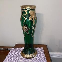 Antique Art Nouveau Legras Mont Joye Green Glass Vase Gold Floral. Elegant. #e5