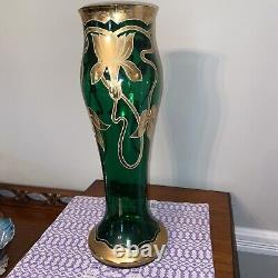 Antique Art Nouveau Legras Mont Joye Green Glass Vase Gold Floral. Elegant. #e5