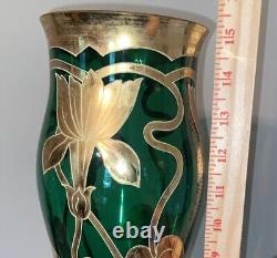 Antique Art Nouveau Legras Mont Joye Green Glass Vase Gold Floral. Elegant. #e5