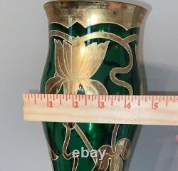 Antique Art Nouveau Legras Mont Joye Green Glass Vase Gold Floral. Elegant. #e5