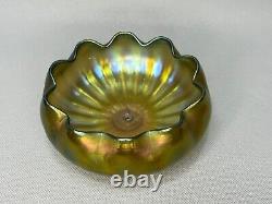 Antique Art Nouveau Loetz Green Iridescent Glass Bowl Wavy Edge for Metal Stand