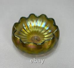 Antique Art Nouveau Loetz Green Iridescent Glass Bowl Wavy Edge for Metal Stand