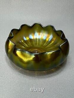 Antique Art Nouveau Loetz Green Iridescent Glass Bowl Wavy Edge for Metal Stand