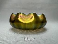 Antique Art Nouveau Loetz Green Iridescent Glass Bowl Wavy Edge for Metal Stand