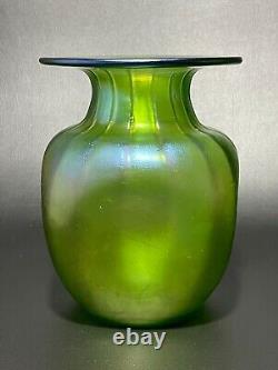 Antique Art Nouveau Loetz Style Green & Yellow Iridescent Glass Vase c1900s