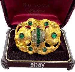 Antique Art Nouveau Lrg Lily Pads Brooch Gold Filled Green Emerald Clr Cut Paste