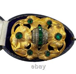 Antique Art Nouveau Lrg Lily Pads Brooch Gold Filled Green Emerald Clr Cut Paste