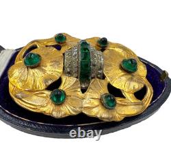 Antique Art Nouveau Lrg Lily Pads Brooch Gold Filled Green Emerald Clr Cut Paste