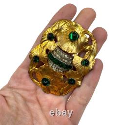 Antique Art Nouveau Lrg Lily Pads Brooch Gold Filled Green Emerald Clr Cut Paste