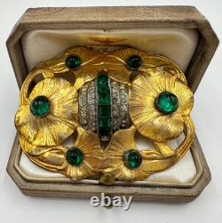 Antique Art Nouveau Lrg Lily Pads Brooch Gold Filled Green Emerald Clr Cut Paste