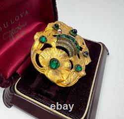 Antique Art Nouveau Lrg Lily Pads Brooch Gold Filled Green Emerald Clr Cut Paste
