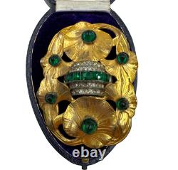 Antique Art Nouveau Lrg Lily Pads Brooch Gold Filled Green Emerald Clr Cut Paste