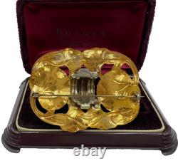 Antique Art Nouveau Lrg Lily Pads Brooch Gold Filled Green Emerald Clr Cut Paste