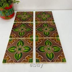 Antique Art Nouveau Majolica Tiles c1900 Green Brown Floral 15cm Made in England