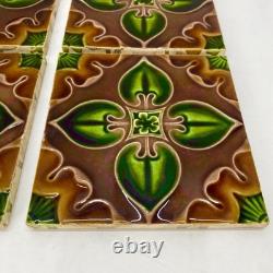 Antique Art Nouveau Majolica Tiles c1900 Green Brown Floral 15cm Made in England Antique Art Nouveau Majolica Tiles c1900 Green Brown Floral 15cm Made in England