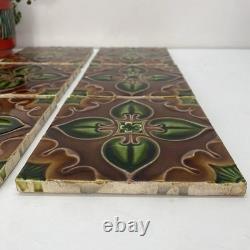Antique Art Nouveau Majolica Tiles c1900 Green Brown Floral 15cm Made in England
