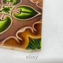 Antique Art Nouveau Majolica Tiles c1900 Green Brown Floral 15cm Made in England