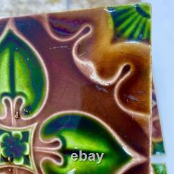 Antique Art Nouveau Majolica Tiles c1900 Green Brown Floral 15cm Made in England