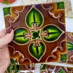 Antique Art Nouveau Majolica Tiles c1900 Green Brown Floral 15cm Made in England