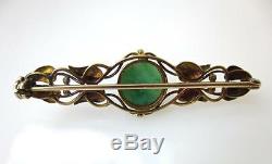 Antique Art Nouveau Natural Jadeite Jade 14K Gold Leaf Bar Pin
