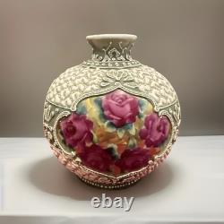 Antique Art Nouveau Nippon Late 19th Century Moriage Vase Japan Green Roses jm