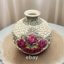 Antique Art Nouveau Nippon Late 19th Century Moriage Vase Japan Green Roses jm
