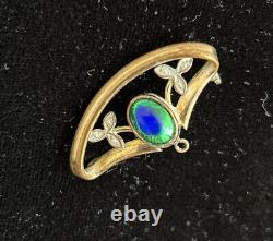 Antique Art Nouveau Ormolu Peacock Eye Glass & Seed Pearl Brooch