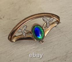 Antique Art Nouveau Ormolu Peacock Eye Glass & Seed Pearl Brooch