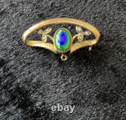 Antique Art Nouveau Ormolu Peacock Eye Glass & Seed Pearl Brooch