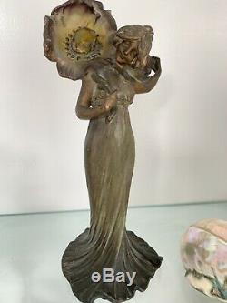 Antique Art Nouveau Patinated Bronze Figural Lamp Nautilus Seashell Shell Shade