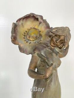 Antique Art Nouveau Patinated Bronze Figural Lamp Nautilus Seashell Shell Shade
