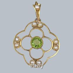 Antique Art Nouveau Pendant 15ct Gold Floral Design Set with Peridot and Pearls