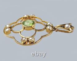 Antique Art Nouveau Pendant 15ct Gold Floral Design Set with Peridot and Pearls