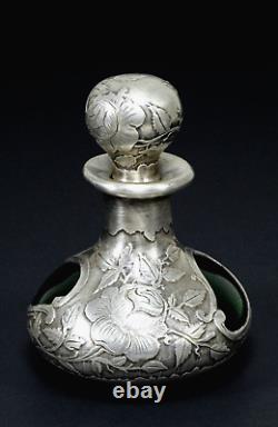 Antique Art Nouveau Perfume Bottle Green Glass and Fine Silver Overlay 999/1000