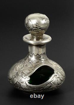 Antique Art Nouveau Perfume Bottle Green Glass and Fine Silver Overlay 999/1000