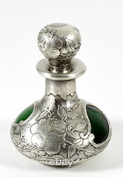 Antique Art Nouveau Perfume Bottle Green Glass and Fine Silver Overlay 999/1000