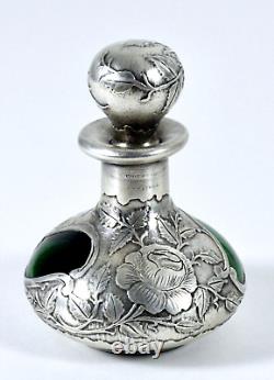 Antique Art Nouveau Perfume Bottle Green Glass and Fine Silver Overlay 999/1000