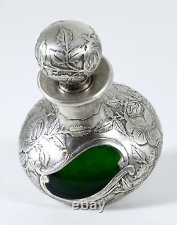 Antique Art Nouveau Perfume Bottle Green Glass and Fine Silver Overlay 999/1000