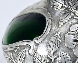 Antique Art Nouveau Perfume Bottle Green Glass and Fine Silver Overlay 999/1000