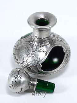 Antique Art Nouveau Perfume Bottle Green Glass and Fine Silver Overlay 999/1000