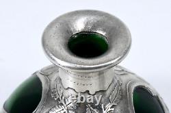 Antique Art Nouveau Perfume Bottle Green Glass and Fine Silver Overlay 999/1000