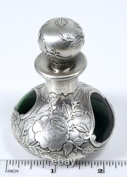 Antique Art Nouveau Perfume Bottle Green Glass and Fine Silver Overlay 999/1000